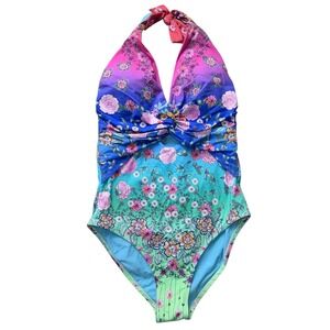 Johnny Was Womens Small Twist Keyhole Floral Halter Neck One Piece Swimsuit NWT